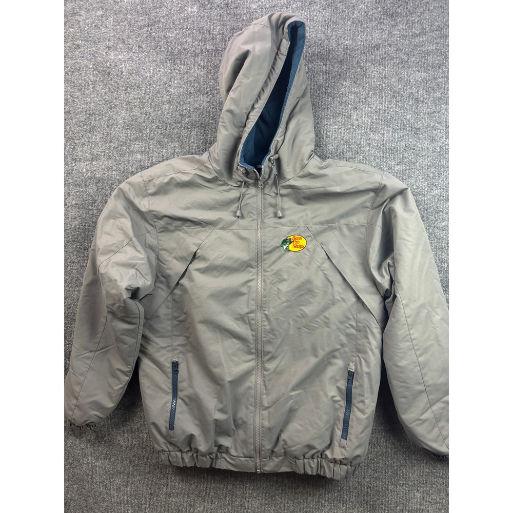 Bass Pro Shops Hooded Jacket Mens Size M Grey Fleece Lined Ripstop Full Zip